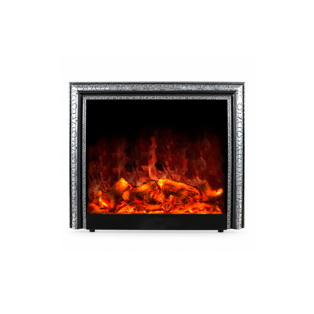 TLB-99B-2 silver-pattern electric fireplace insert, front product view on white
