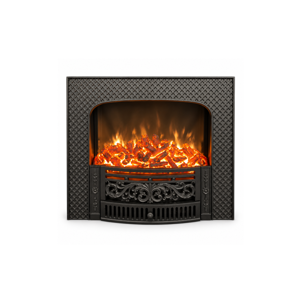 TLB-99B-4B lattice-pattern electric fireplace insert, front product view on white