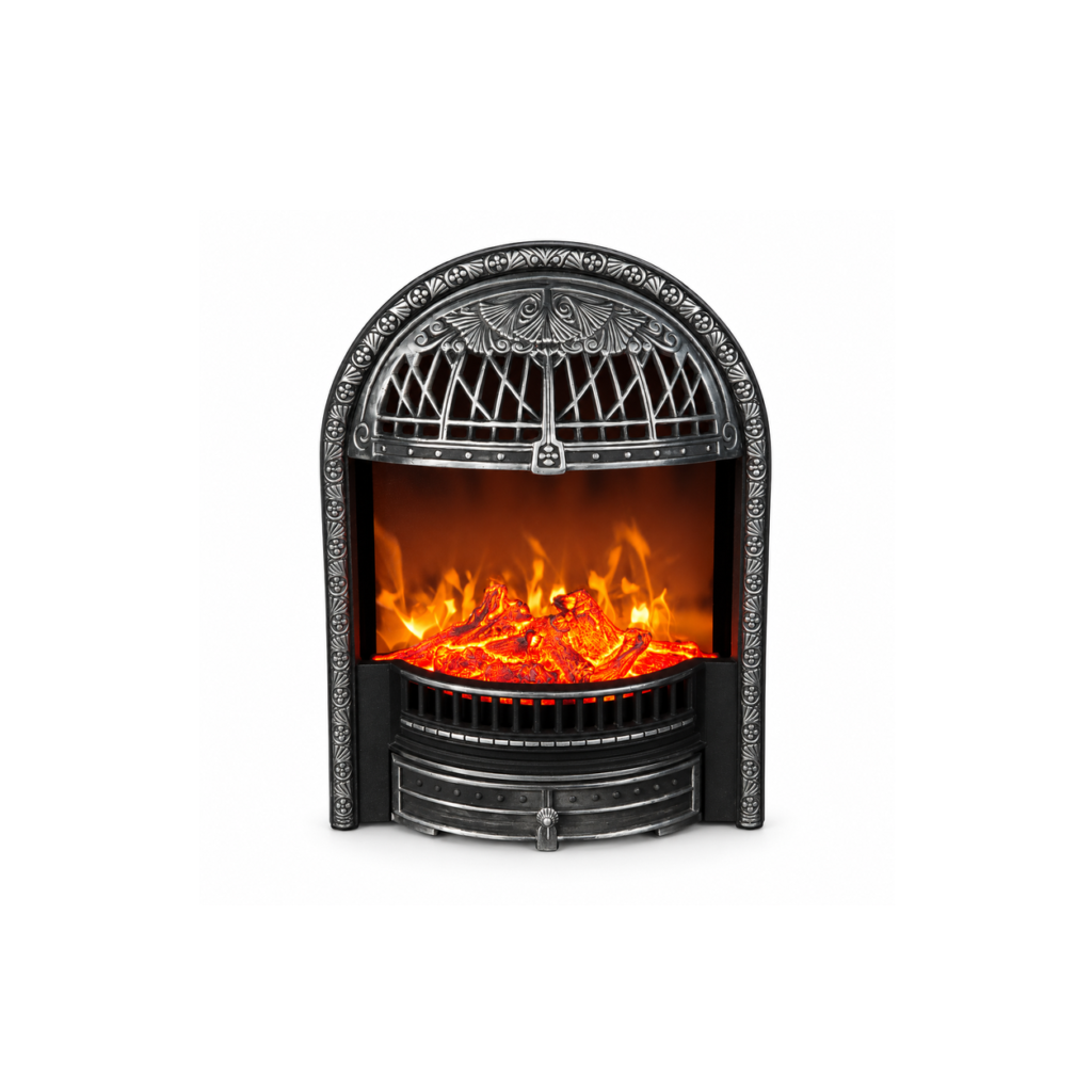TLB-99B-5 compact silver-detail birdcage electric fireplace, front product view on white