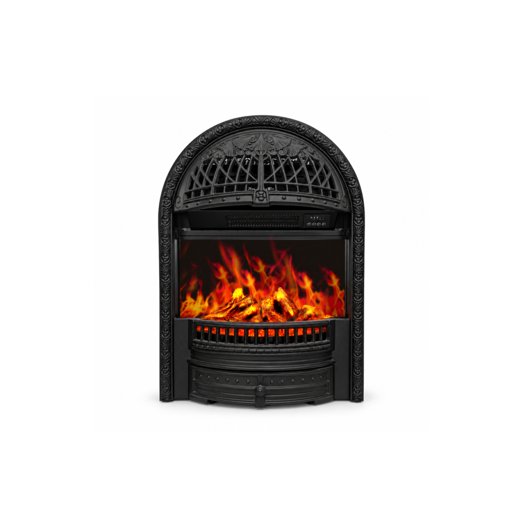 TLB-99B-5 compact black birdcage fireplace - heating version, front product view on white
