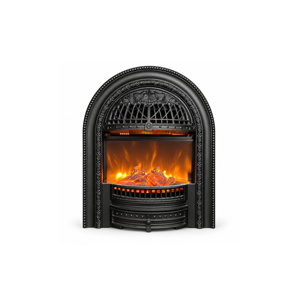 TLB-99B-5 black birdcage electric fireplace, front product view on white