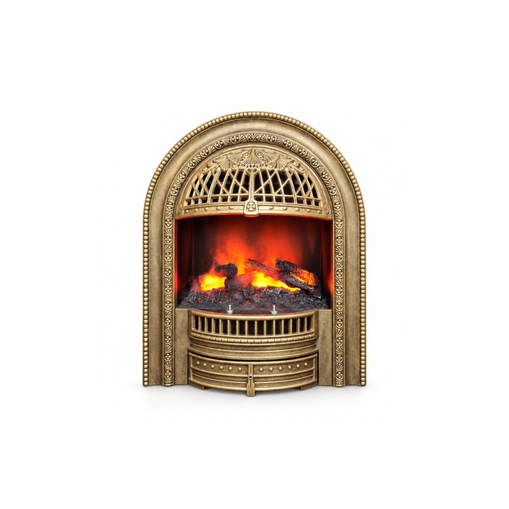Cheminée à vapeur d’eau dorée TLB-99B-5 de style cage à oiseaux, vue de face du produit sur fond blanc