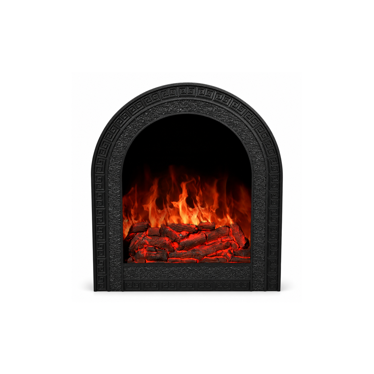 TLB-99C-5 greek-key arch electric fireplace insert, front product view on white