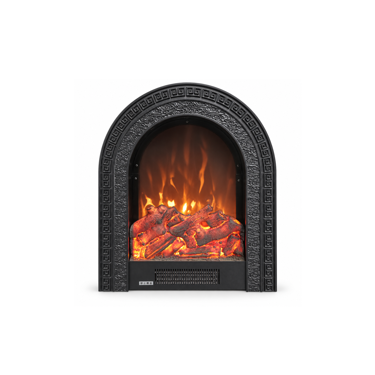 TLB-99C-5 compact greek-key arch electric fireplace insert, front product view on white