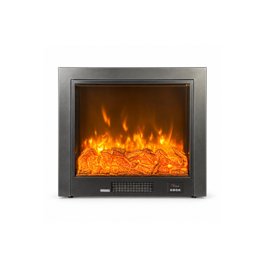 TLB-AB-J silver-frame electric fireplace insert, front product view on white