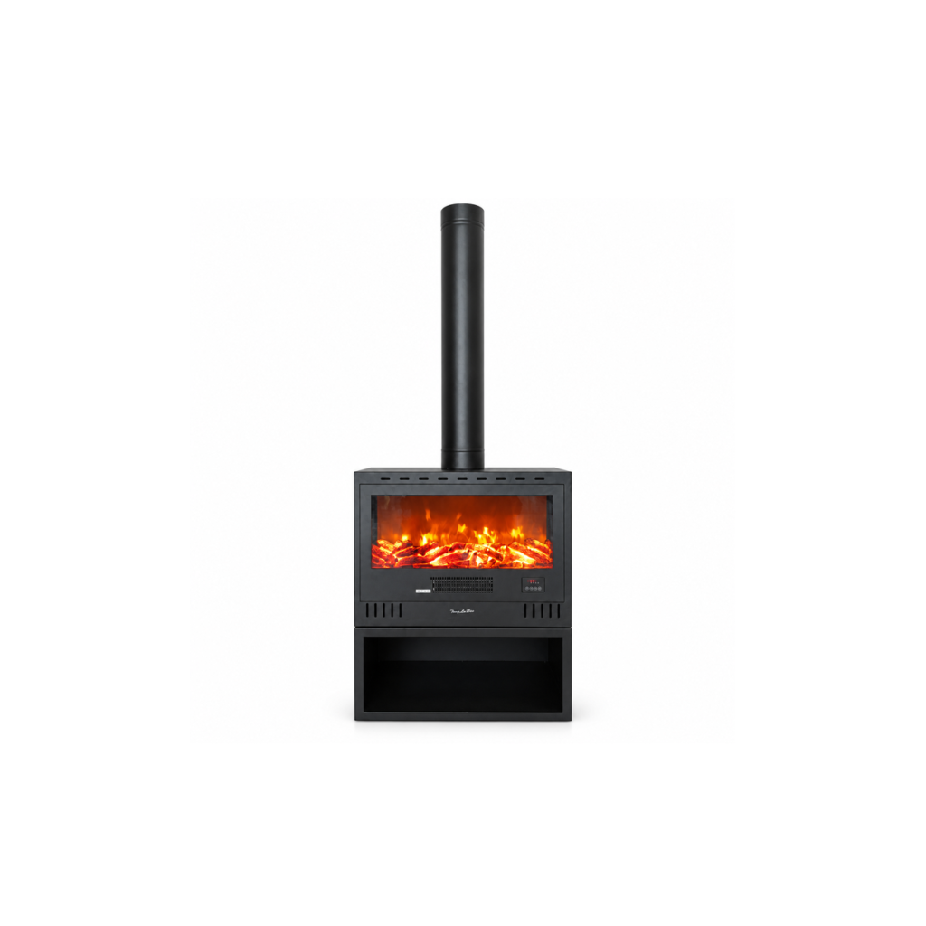 TLB Stove black freestanding electric fireplace stove, front product view on white