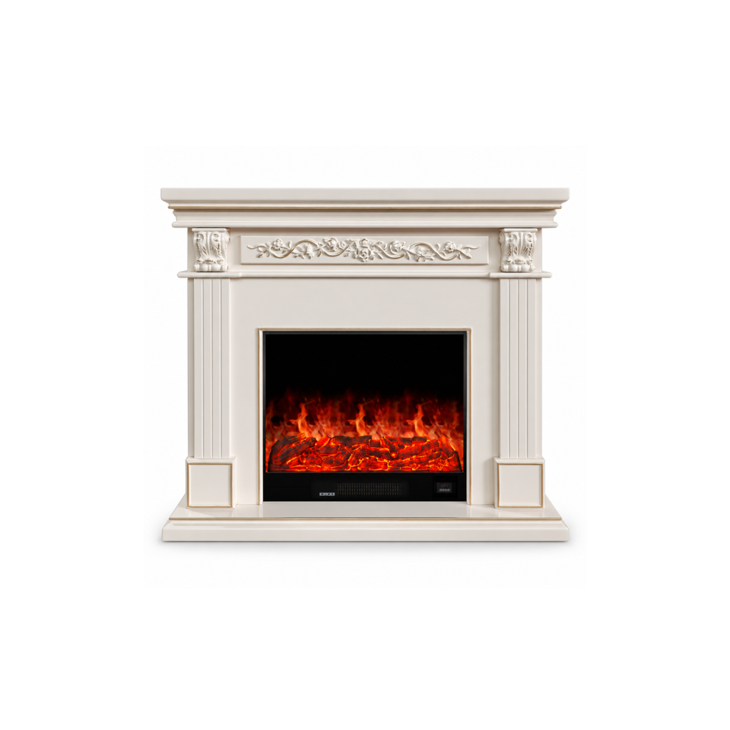 XH-BLJ-017 white scroll-detail mantel electric fireplace, front product view on white