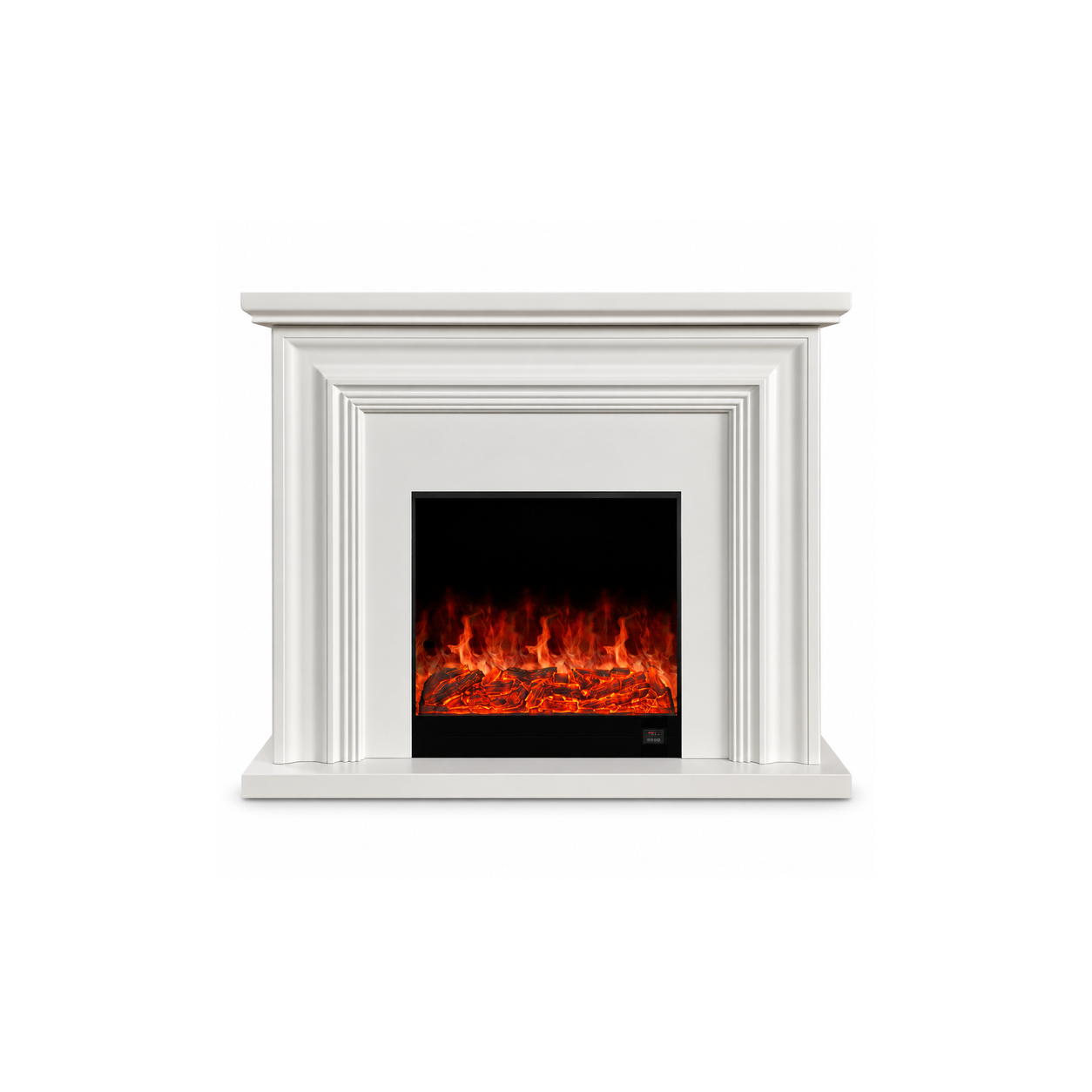 XH-BLJ-018 white layered mantel electric fireplace, front product view on white