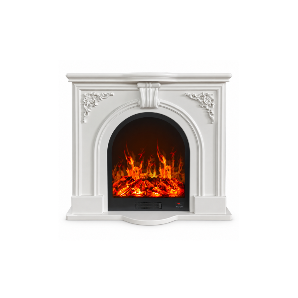 XH-BLJ-019 white arched mantel electric fireplace, front product view on white