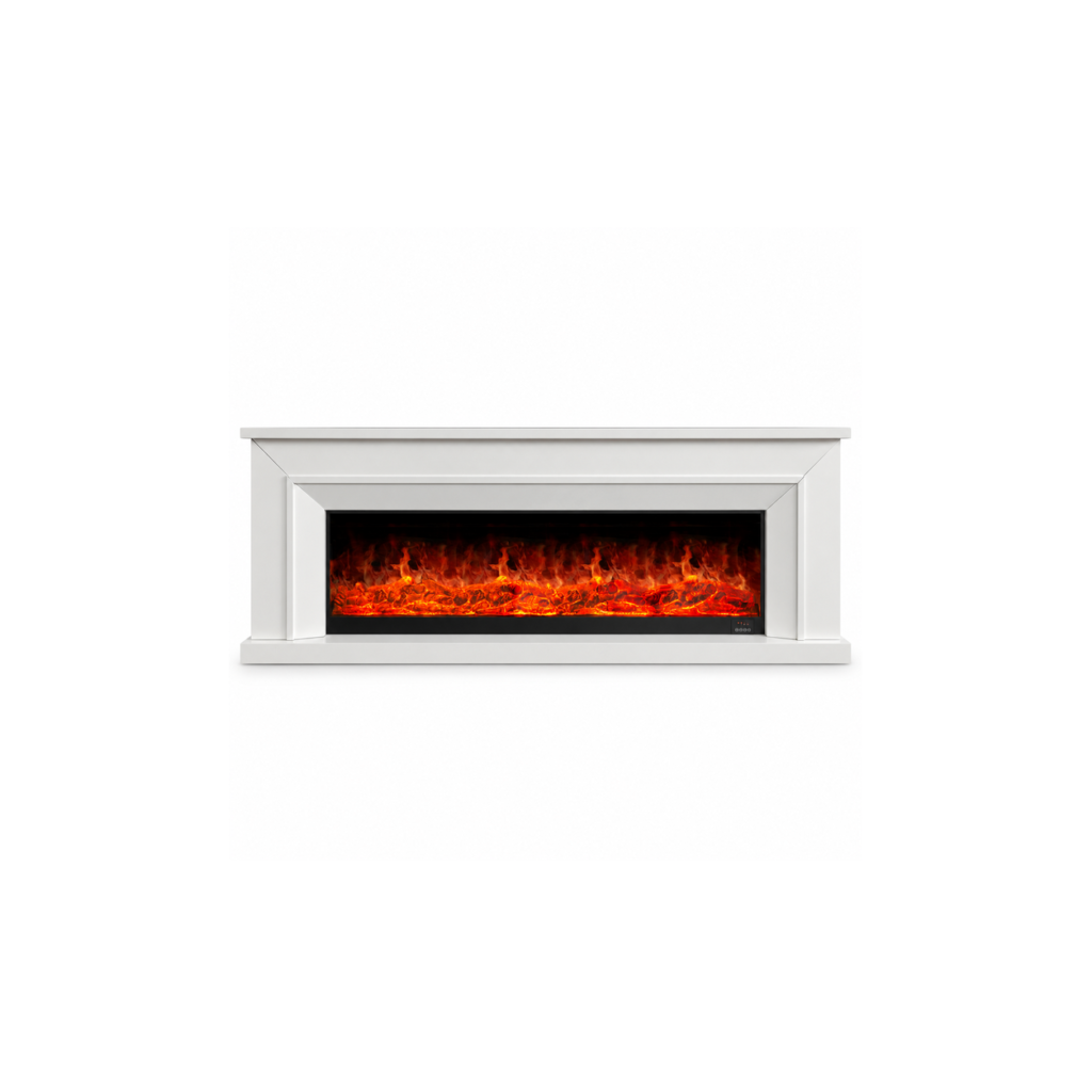 XH-DSG-028 white beveled linear electric fireplace console, front product view on white