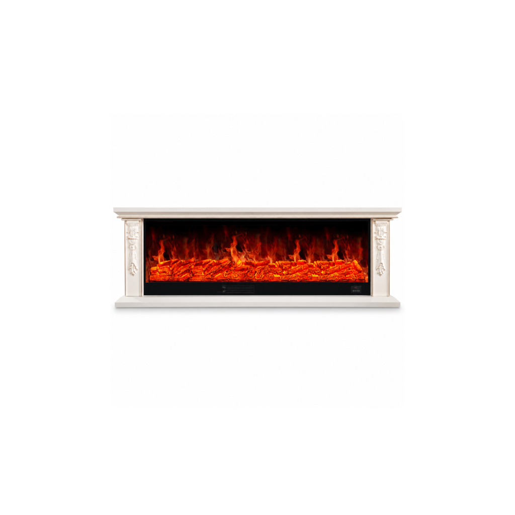 XH-DSG-029 white floral-pillar electric fireplace console, front product view on white