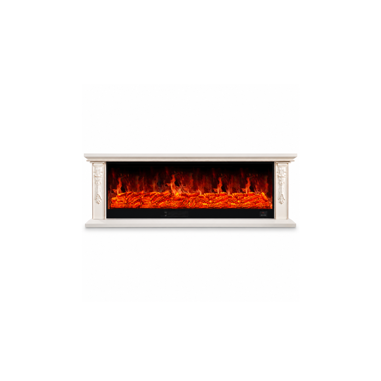 XH-DSG-029 white floral-pillar electric fireplace console, front product view on white