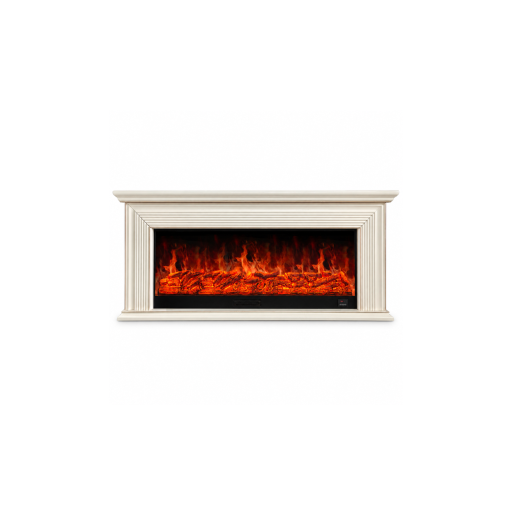 XH-DSG-030 white stepped-trim electric fireplace console, front product view on white