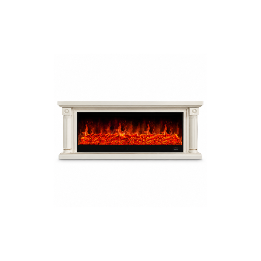 XH-DSG-031 white column-detail electric fireplace console, front product view on white
