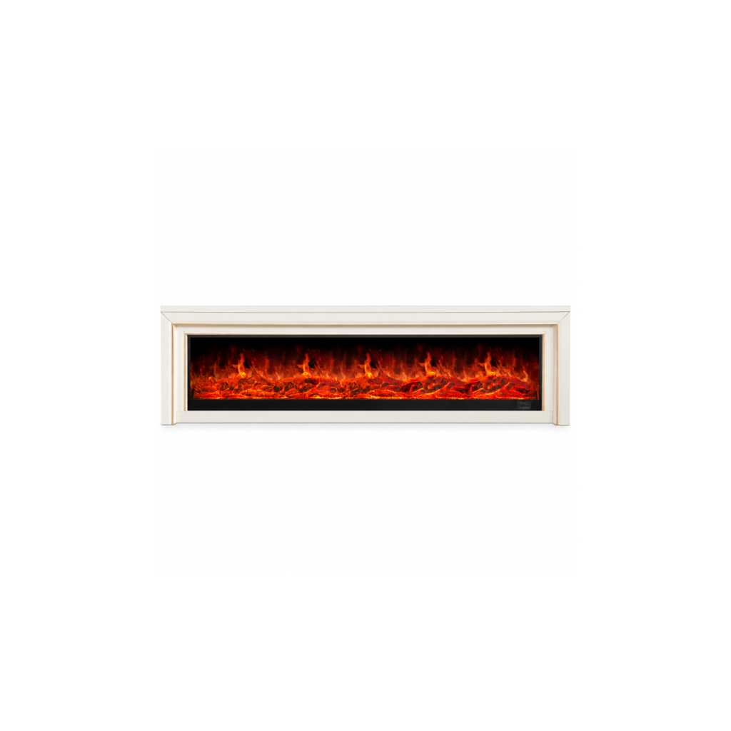 XH-DSG-032 white gold-accent electric fireplace console, front product view on white