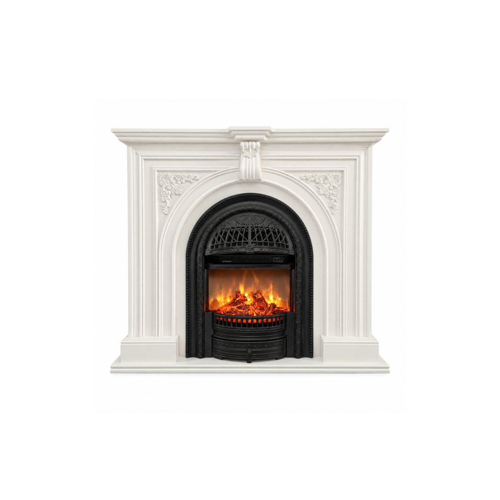 XZ-BLJ-022 white birdcage mantel electric fireplace, front product view on white