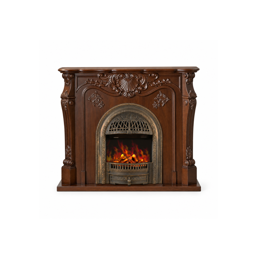 XZ-BLJ-026 brown ornate mantel electric fireplace, front product view on white