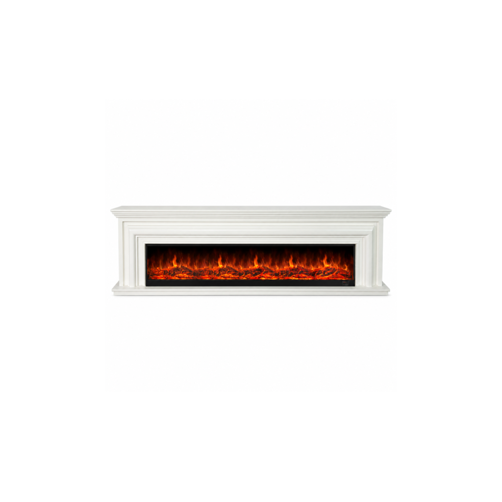 XZ-DSG-036 white solid-wood electric fireplace tv console, front product view on white
