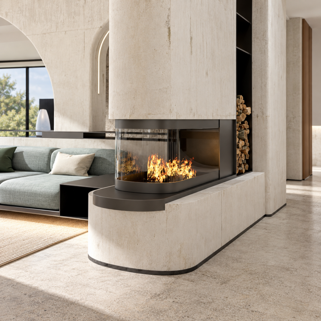 Curved-End Three-Sided Gas Fireplace - original-scene appearance reference