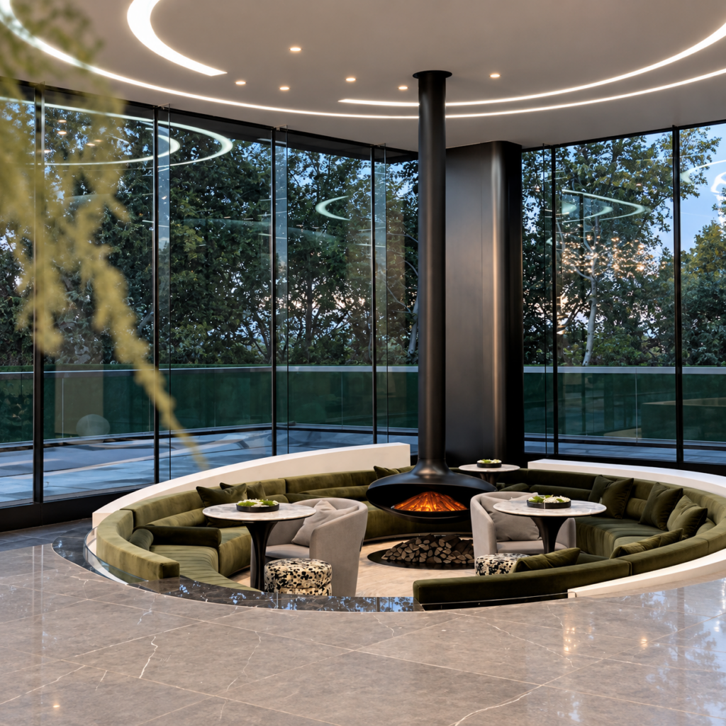 Suspended Electric Fireplace with Lower Shelf - original-scene appearance reference