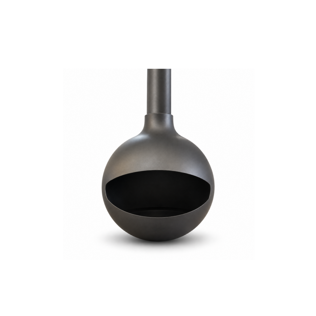 Spherical Suspended Wood Fireplace - product on white background
