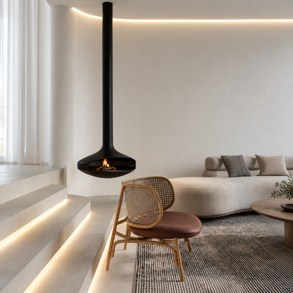 Compact Teardrop Suspended Wood Fireplace - original-scene appearance reference