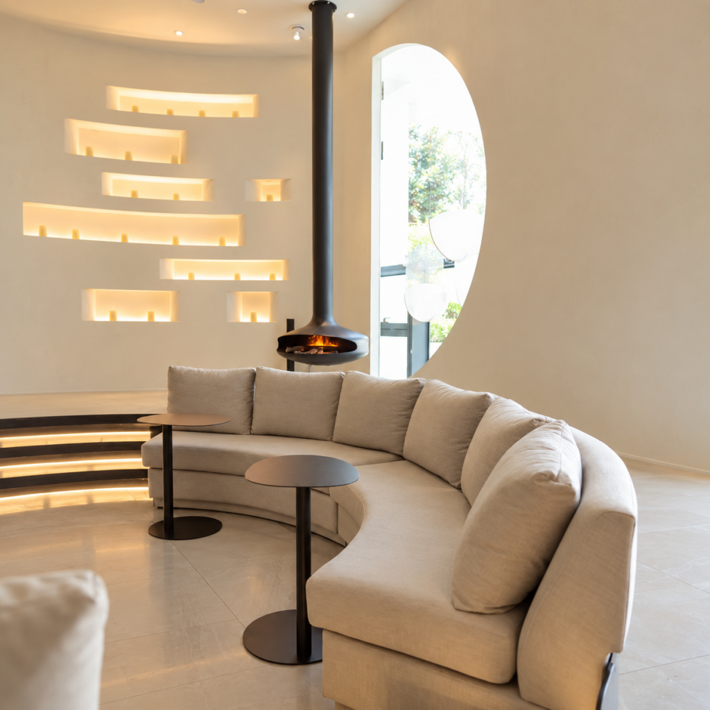 Slim Disc Suspended Wood Fireplace - original-scene appearance reference