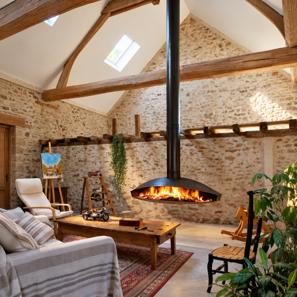 Open Bell Suspended Wood Fireplace - original-scene appearance reference