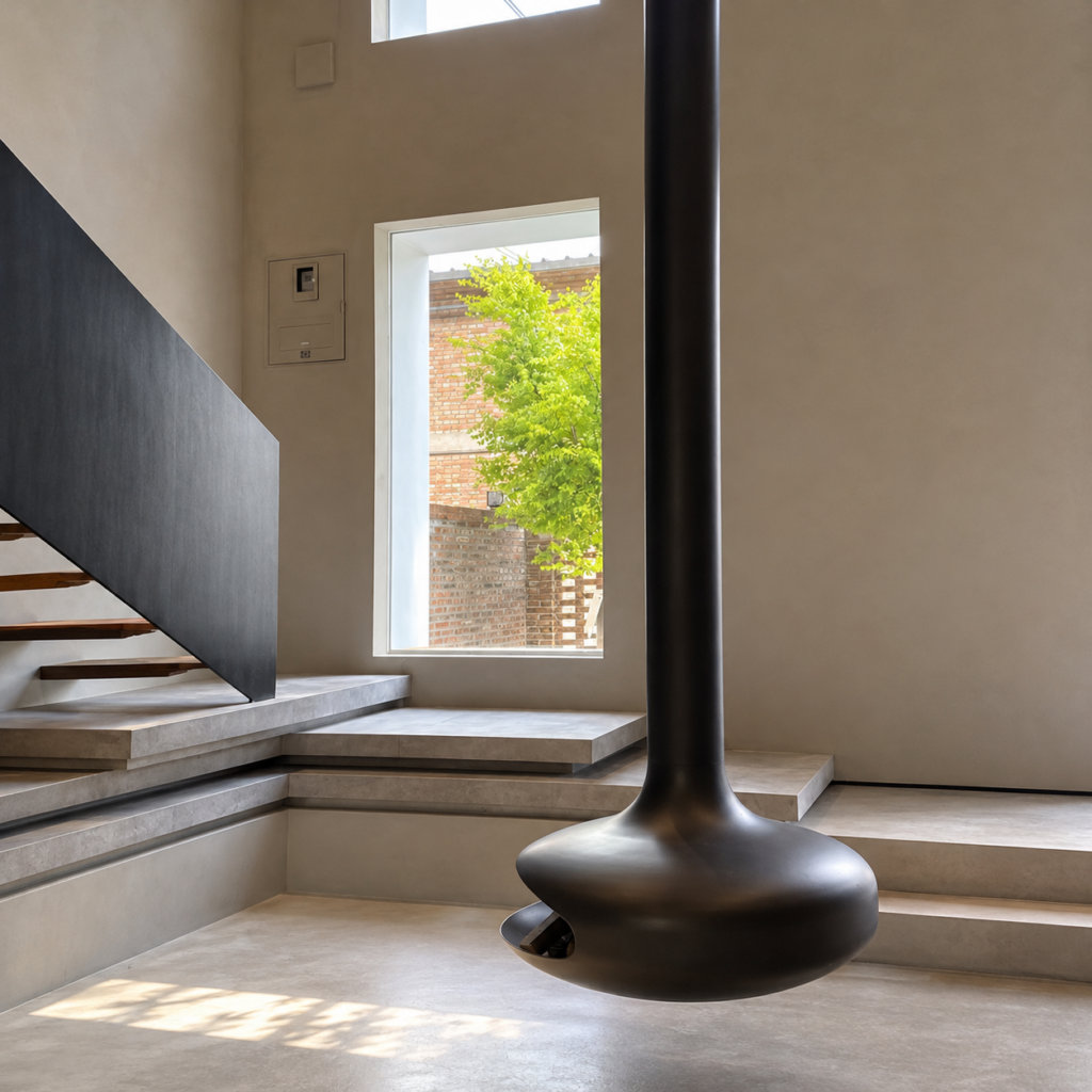 Narrow-Opening Suspended Fireplace — Fuel Type Unconfirmed - original-scene appearance reference