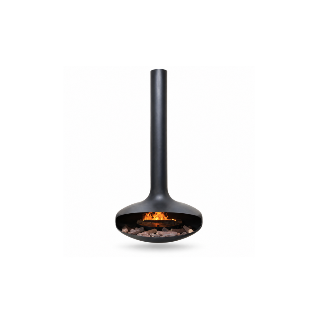 Curved-Opening Suspended Wood Fireplace - product on white background
