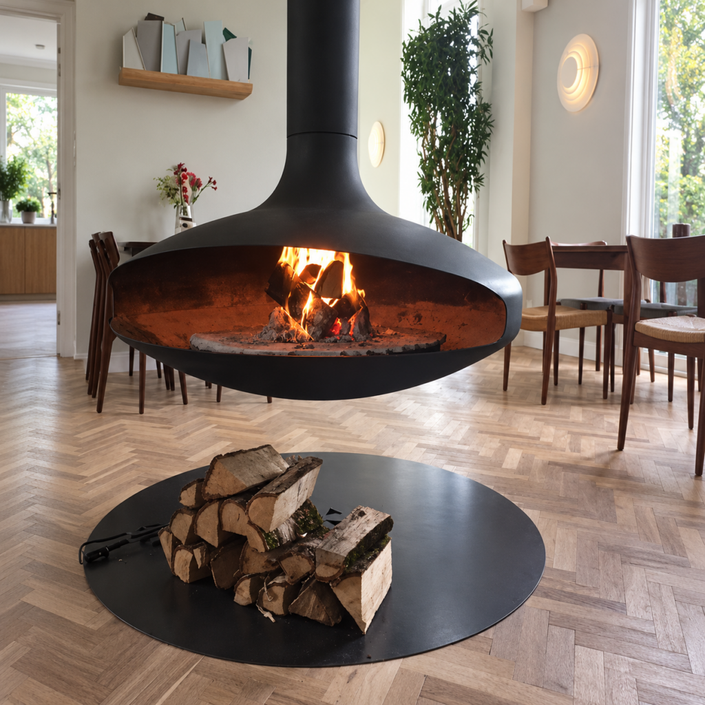 Cheminée à bois suspendue avec plateau à bûches séparé — référence visuelle de la scène d’origine