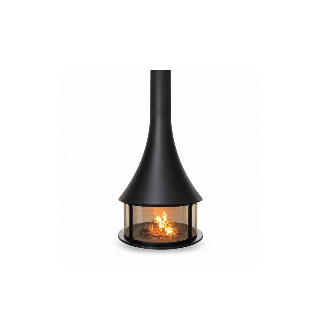Conical Canopy Central Glass Fireplace - product on white background