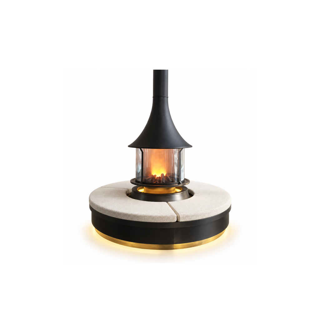 Round Glass Fireplace with Gold-Tone Base - product on white background