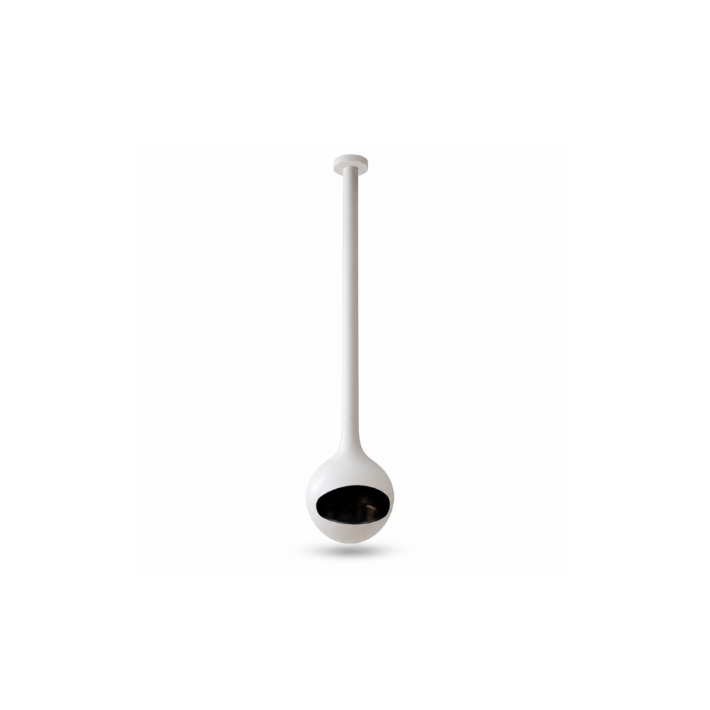 White Teardrop Suspended Fireplace - product on white background