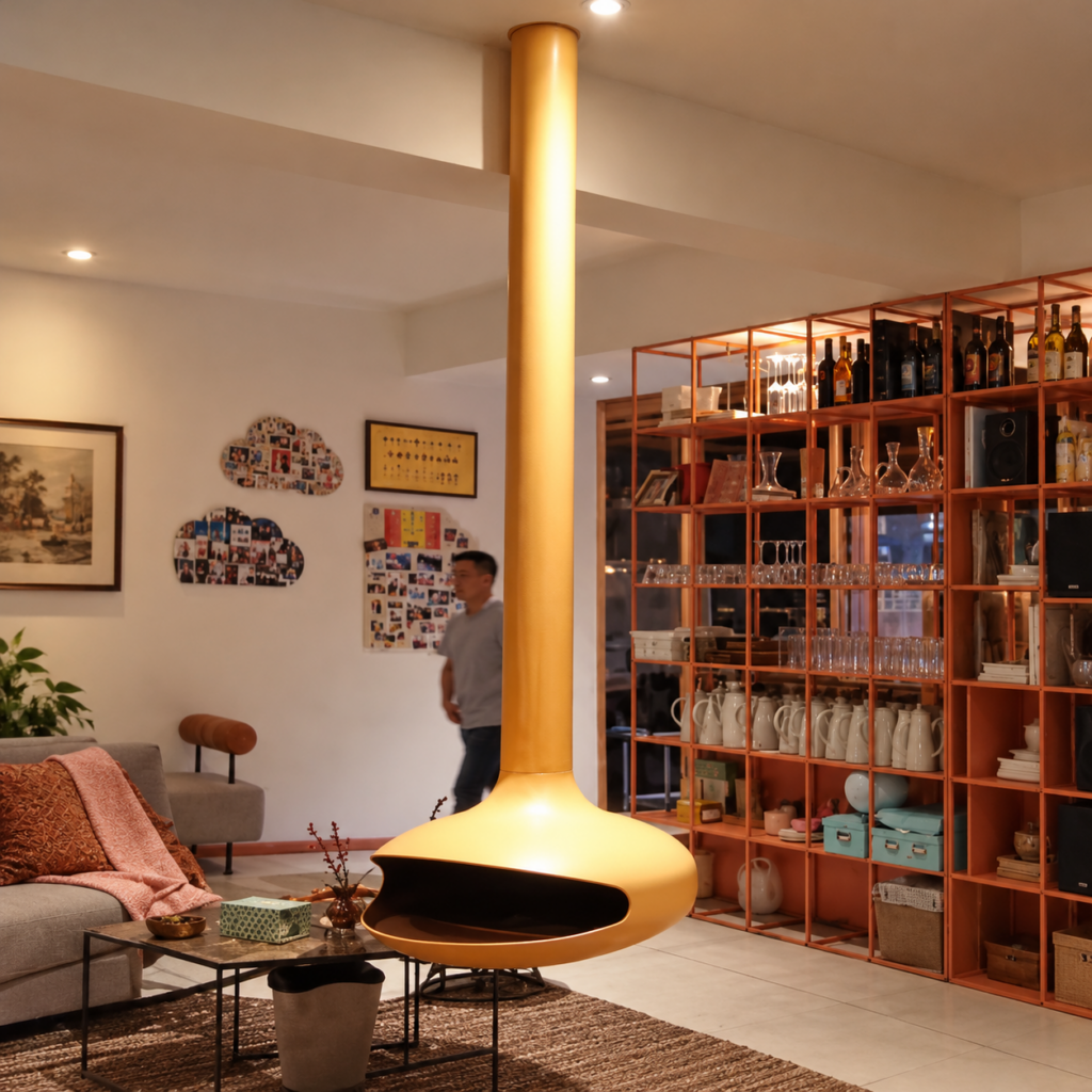 Gold-Tone Teardrop Suspended Fireplace - original-scene appearance reference